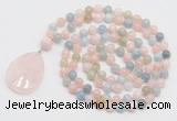 GMN4655 Hand-knotted 8mm, 10mm morganite 108 beads mala necklace with pendant