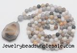 GMN4662 Hand-knotted 8mm, 10mm bamboo leaf agate 108 beads mala necklace with pendant