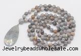 GMN4663 Hand-knotted 8mm, 10mm silver needle agate 108 beads mala necklace with pendant