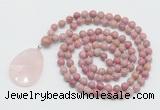 GMN4672 Hand-knotted 8mm, 10mm pink wooden jasper 108 beads mala necklace with pendant