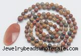 GMN4675 Hand-knotted 8mm, 10mm picasso jasper 108 beads mala necklace with pendant