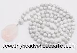 GMN4694 Hand-knotted 8mm, 10mm white howlite 108 beads mala necklace with pendant