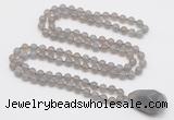 GMN4824 Hand-knotted 8mm, 10mm grey agate 108 beads mala necklace with pendant