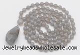 GMN4825 Hand-knotted 8mm, 10mm grey agate 108 beads mala necklace with pendant