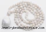 GMN4829 Hand-knotted 8mm, 10mm white crazy agate 108 beads mala necklace with pendant