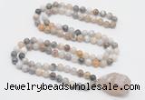 GMN4832 Hand-knotted 8mm, 10mm bamboo leaf agate 108 beads mala necklace with pendant