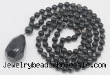 GMN4841 Hand-knotted 8mm, 10mm black banded agate 108 beads mala necklace with pendant