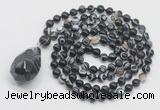 GMN4843 Hand-knotted 8mm, 10mm black banded agate 108 beads mala necklace with pendant