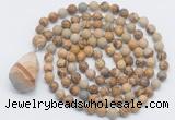 GMN4861 Hand-knotted 8mm, 10mm picture jasper 108 beads mala necklace with pendant