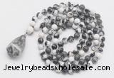 GMN4865 Hand-knotted 8mm, 10mm black & white jasper 108 beads mala necklace with pendant