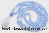 GMN4908 Hand-knotted 8mm, 10mm blue banded agate 108 beads mala necklace with pendant