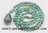 GMN4914 Hand-knotted 8mm, 10mm grass agate 108 beads mala necklace with pendant