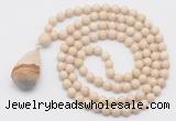 GMN4920 Hand-knotted 8mm, 10mm white fossil jasper 108 beads mala necklace with pendant