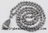 GMN4922 Hand-knotted 8mm, 10mm grey picture jasper 108 beads mala necklace with pendant