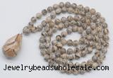 GMN4925 Hand-knotted 8mm, 10mm feldspar 108 beads mala necklace with pendant