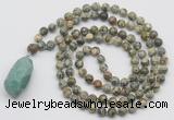 GMN4927 Hand-knotted 8mm, 10mm rhyolite 108 beads mala necklace with pendant