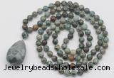 GMN4929 Hand-knotted 8mm, 10mm African turquoise 108 beads mala necklace with pendant