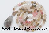 GMN5001 Hand-knotted 8mm, 10mm matte volcano cherry quartz 108 beads mala necklace with pendant