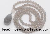 GMN5007 Hand-knotted 8mm, 10mm matte grey agate 108 beads mala necklace with pendant