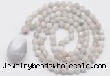 GMN5010 Hand-knotted 8mm, 10mm matte white crazy agate 108 beads mala necklace with pendant