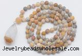 GMN5011 Hand-knotted 8mm, 10mm matte yellow crazy agate 108 beads mala necklace with pendant