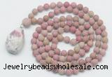 GMN5015 Hand-knotted 8mm, 10mm matte pink wooden jasper 108 beads mala necklace with pendant