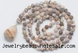 GMN5018 Hand-knotted 8mm, 10mm matte zebra jasper 108 beads mala necklace with pendant