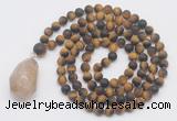 GMN5030 Hand-knotted 8mm, 10mm matte yellow tiger eye 108 beads mala necklace with pendant