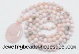 GMN5057 Hand-knotted 8mm, 10mm matte natural pink opal 108 beads mala necklace with pendant