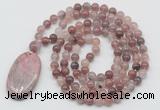 GMN5060 Hand-knotted 8mm, 10mm purple strawberry quartz 108 beads mala necklace with pendant