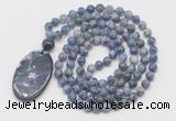 GMN5065 Hand-knotted 8mm, 10mm blue spot stone 108 beads mala necklace with pendant