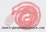 GMN5145 Hand-knotted 8mm, 10mm cherry quartz 108 beads mala necklace with pendant