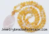 GMN5150 Hand-knotted 8mm, 10mm yellow banded agate 108 beads mala necklace with pendant