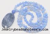 GMN5153 Hand-knotted 8mm, 10mm blue banded agate 108 beads mala necklace with pendant