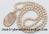 GMN5164 Hand-knotted 8mm, 10mm white fossil jasper 108 beads mala necklace with pendant