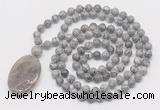 GMN5166 Hand-knotted 8mm, 10mm grey picture jasper 108 beads mala necklace with pendant