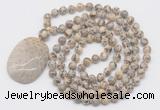 GMN5169 Hand-knotted 8mm, 10mm feldspar 108 beads mala necklace with pendant