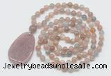 GMN5203 Hand-knotted 8mm, 10mm moonstone 108 beads mala necklace with pendant