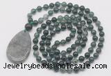 GMN5216 Hand-knotted 8mm, 10mm moss agate 108 beads mala necklace with pendant