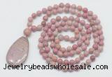 GMN5219 Hand-knotted 8mm, 10mm pink wooden jasper 108 beads mala necklace with pendant