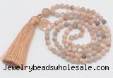 GMN5701 Hand-knotted 6mm matte sunstone 108 beads mala necklaces with tassel & charm