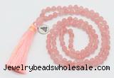 GMN5706 Hand-knotted 6mm matte cherry quartz 108 beads mala necklaces with tassel & charm