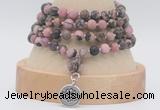 GMN5812 Hand-knotted 6mm matter rhodonite 108 beads mala necklaces with charm