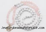 GMN6003 Knotted 8mm, 10mm rose quartz & white howlite 108 beads mala necklace with charm