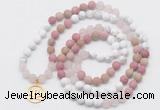 GMN6004 Knotted 8mm, 10mm white howlite, pink jasper & rose quartz 108 beads mala necklace with charm