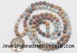 GMN6006 Knotted 8mm, 10mm matte mixed amazonite & jasper 108 beads mala necklace with charm