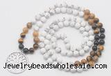 GMN6008 Knotted 8mm, 10mm matte white howlite & mixed gemstone 108 beads mala necklace with charm