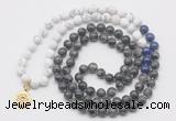 GMN6010 Knotted 8mm, 10mm matte white howlite & black labradorite 108 beads mala necklace with charm