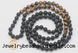 GMN6011 Knotted 8mm, 10mm matte black agate & yellow tiger eye 108 beads mala necklace with charm