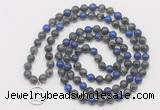 GMN6012 Knotted 8mm, 10mm black labradorite & lapis lazuli 108 beads mala necklace with charm